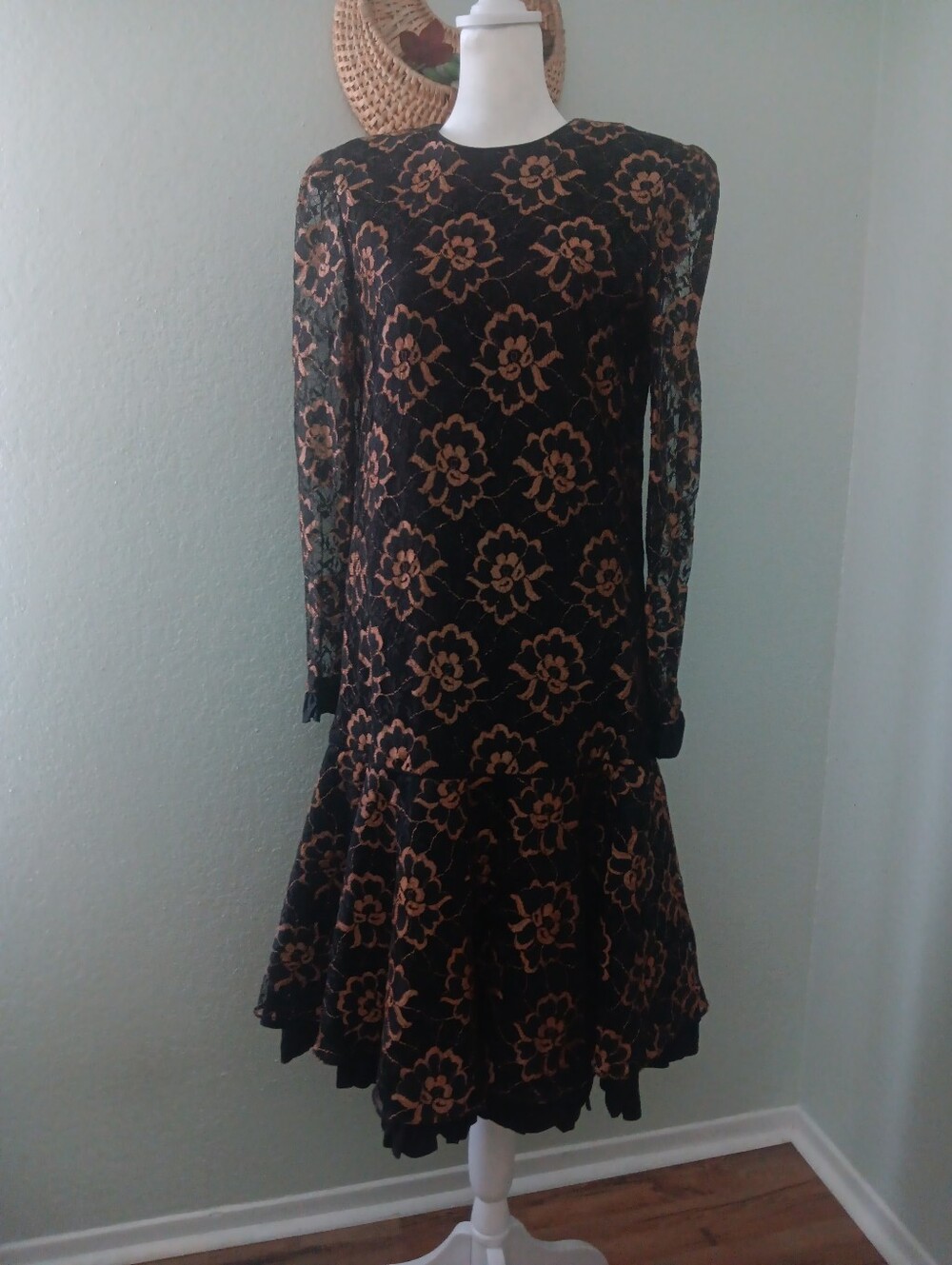 jcpenney Black & Copper Metalic Lace Long-Sleeve Floral Drop-Waist Dress Vtg 80